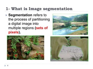 1- What is Image segmentation
 Segmentation refers to
the process of partitioning
a digital image into
multiple regions (sets of
pixels).
4
 