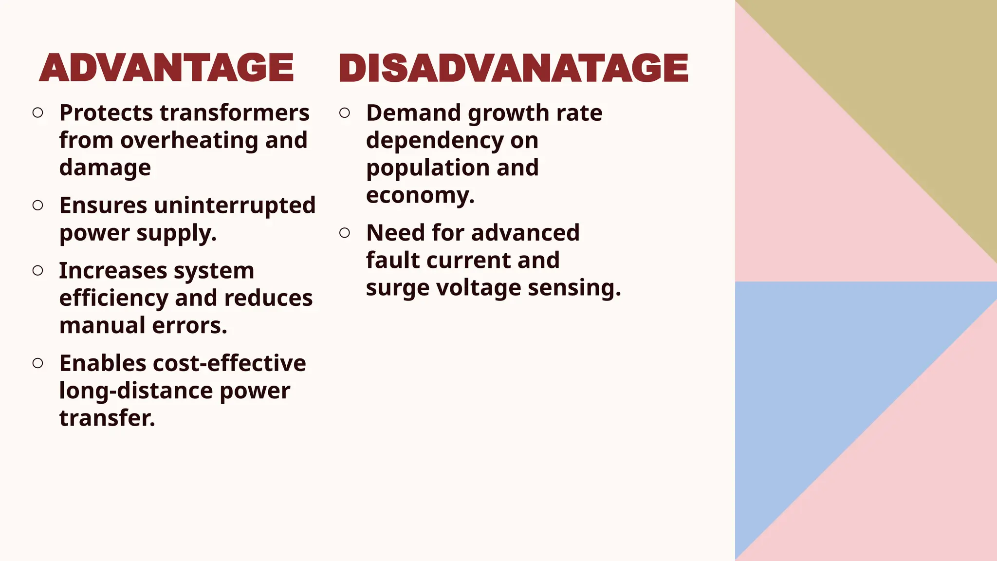 ADVANTAGE
o Protects transformers
from overheating and
damage
o Ensures uninterrupted
power supply.
o Increases system
efficiency and reduces
manual errors.
o Enables cost-effective
long-distance power
transfer.
o Demand growth rate
dependency on
population and
economy.
o Need for advanced
fault current and
surge voltage sensing.
DISADVANATAGE
 