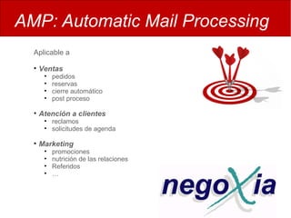 AMP: Automatic Mail Processing
Aplicable a
• Ventas
• pedidos
• reservas
• cierre automático
• post proceso
• Atención a clientes
• reclamos
• solicitudes de agenda
• Marketing
• promociones
• nutrición de las relaciones
• Referidos
• …
 