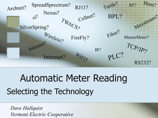 Automatic Meter Reading
Selecting the Technology
BPL?
IR?
Internet?
RS232?
RJ11?
MasterMeter?
RF?
FireFly?
SpreadSprectrum?
SilverSpring?
Nexus?
Dave Hallquist
Vermont Electric Cooperative
 