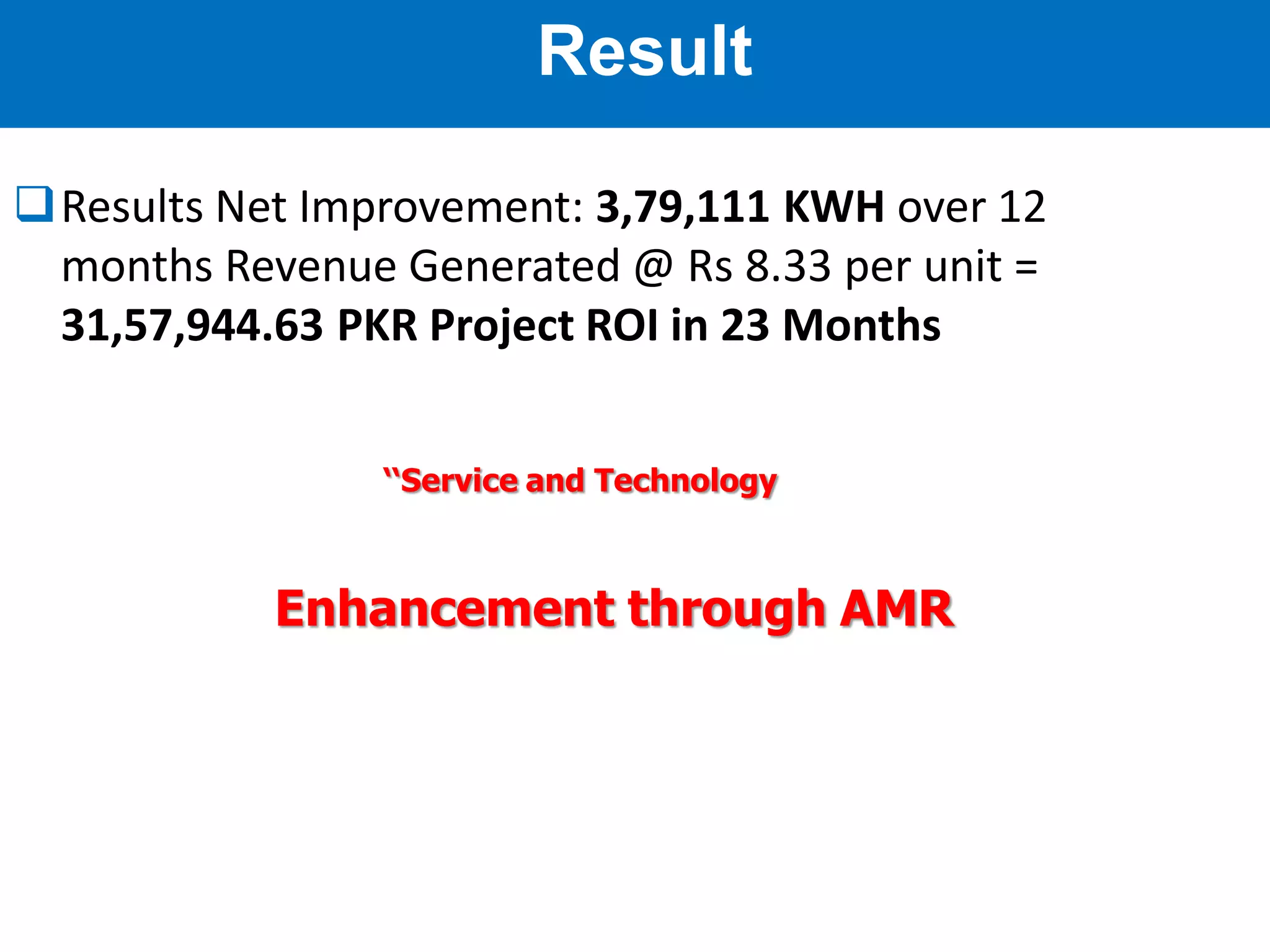 IESCO AMR Project
Results Net Improvement: 3,79,111 KWH over 12
months Revenue Generated @ Rs 8.33 per unit =
31,57,944.63 PKR Project ROI in 23 Months
Enhancement through AMR
Result
‘‘Service and Technology
 