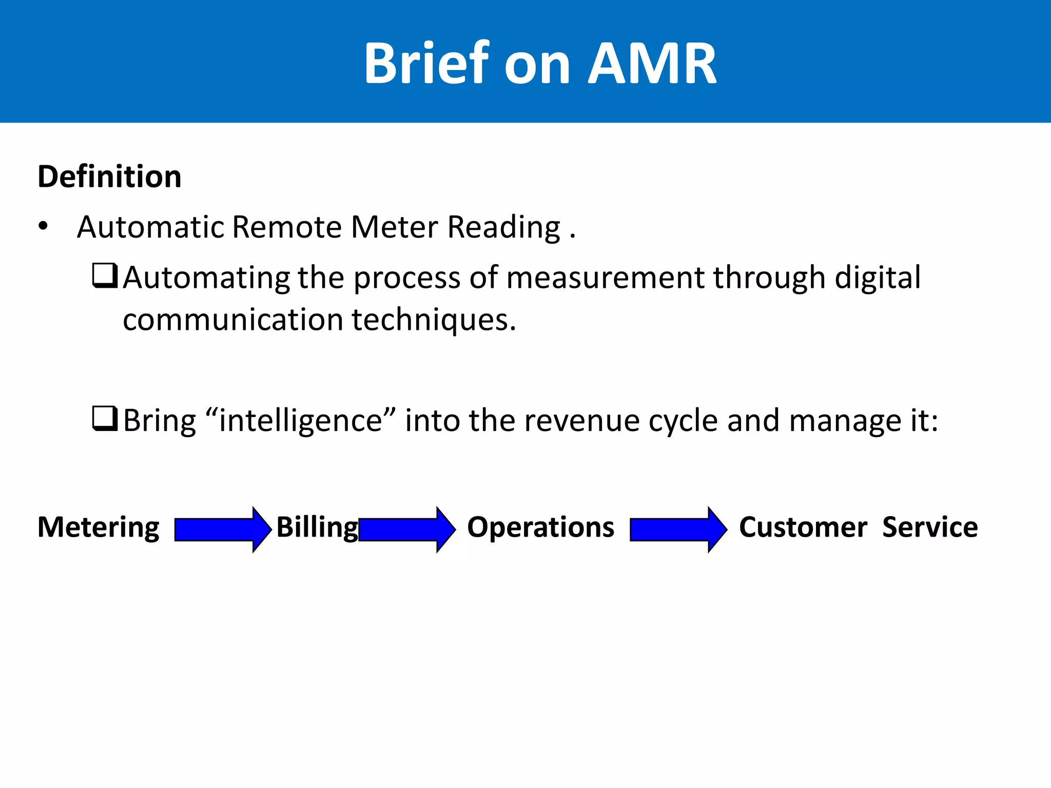 Brief on AMR
Definition
• Automatic Remote Meter Reading .
Automating the process of measurement through digital
communication techniques.
Bring “intelligence” into the revenue cycle and manage it:
Metering Billing Operations Customer Service
 