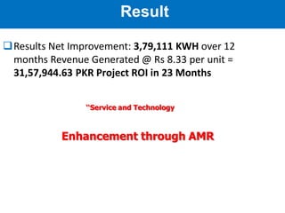 IESCO AMR Project
Results Net Improvement: 3,79,111 KWH over 12
months Revenue Generated @ Rs 8.33 per unit =
31,57,944.63 PKR Project ROI in 23 Months
Enhancement through AMR
Result
‘‘Service and Technology
 