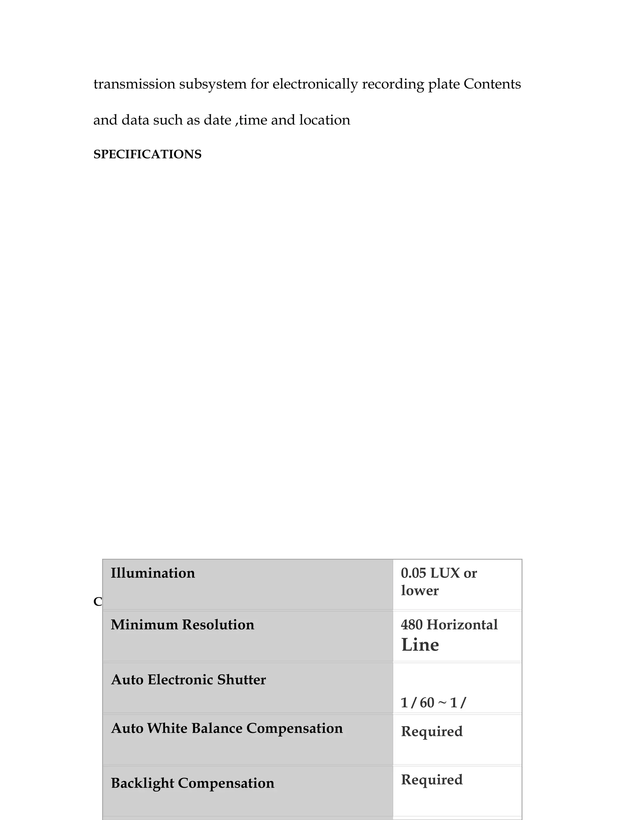 transmission subsystem for electronically recording plate Contents

and data such as date ,time and location

SPECIFICATIONS




  Illumination                                 0.05 LUX or
                                               lower
CAMERA REQUIREMENTS
  Minimum Resolution                           480 Horizontal
                                               Line
  Auto Electronic Shutter
                                               1 / 60 ~ 1 /
  Auto White Balance Compensation              Required


  Backlight Compensation                       Required
 