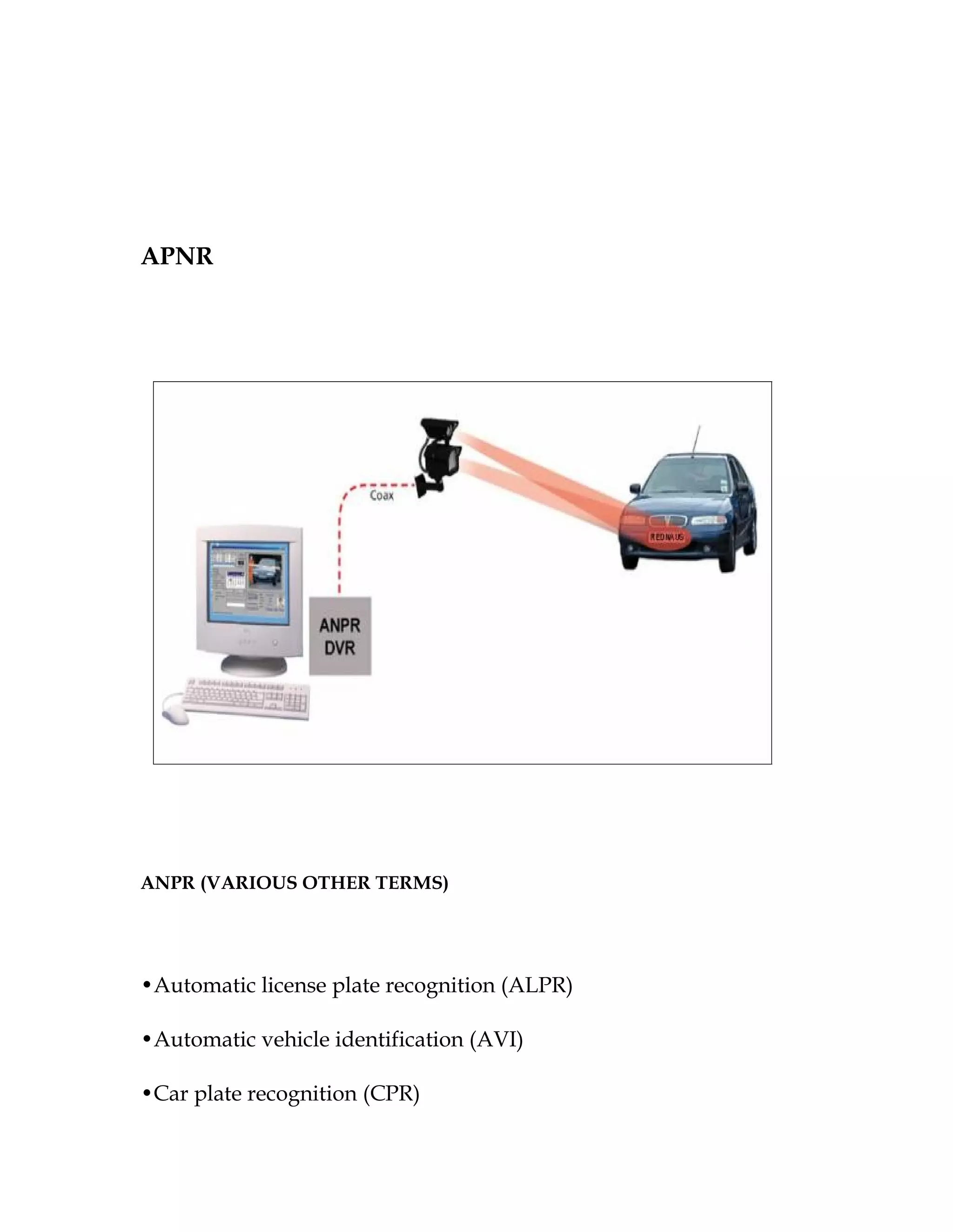 APNR




ANPR (VARIOUS OTHER TERMS)




•Automatic license plate recognition (ALPR)

•Automatic vehicle identification (AVI)

•Car plate recognition (CPR)
 