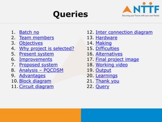 Queries
1. Batch no
2. Team members
3. Objectives
4. Why project is selected?
5. Present system
6. Improvements
7. Proposed system
8. Analysis – PQCDSM
9. Advantages
10. Block diagram
11. Circuit diagram
12. Inter connection diagram
13. Hardware
14. Making
15. Difficulties
16. Alternatives
17. Final project image
18. Working video
19. Output
20. Learnings
21. Thank you
22. Query
 