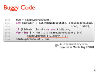 1500 num = state.parenCount;
1501 int kidMatch = matchRENodes(state, (RENode)ren.kid,
1502 stop, index);
1503 if (kidMatch != 1) return kidMatch;
1504 for (int i = num; i < state.parenCount; i++)
1505 state.parens[i].length = 0;
1506 state.parenCount = num;
4
in Interpreter.java
reported as Mozilla Bug #76683
Buggy Code
 