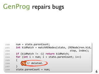 6
GenProg repairs bugs1500 num = state.parenCount;
1501 int kidMatch = matchRENodes(state, (RENode)ren.kid,
1502 stop, index);
1503 if (kidMatch != 1) return kidMatch;
1504 for (int i = num; i < state.parenCount; i++)
1505 state.parens[i].length = 0;
1506 state.parenCount = num;
1500 num = state.parenCount;
1501 int kidMatch = matchRENodes(state, (RENode)ren.kid,
1502 stop, index);
1503 if (kidMatch != 1) return kidMatch;
1504 for (int i = num; i < state.parenCount; i++)
1505 {
1506 // deleted.
1507 }
1508 state.parenCount = num;
1500 num = state.parenCount;
1501 int kidMatch = matchRENodes(state, (RENode)ren.kid,
1502 stop, index);
1503 if (kidMatch != 1) return kidMatch;
1504 for (int i = num; i < state.parenCount; i++)
1505 state.parens[i].length = 0;
1506 state.parenCount = num;
1500 num = state.parenCount;
1501 int kidMatch = matchRENodes(state, (RENode)ren.kid,
1502 stop, index);
1503 if (kidMatch != 1) return kidMatch;
1504 for (int i = num; i < state.parenCount; i++)
1505 {
1506 // deleted.
1507 }
1508 state.parenCount = num;
 