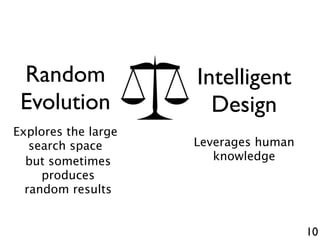 10
Random
Evolution
Intelligent
Design
Explores the large
search space Leverages human
knowledgebut sometimes
produces
random results
 