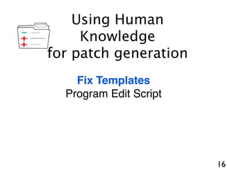 16
+
-
+
Fix Templates
Program Edit Script
Using Human
Knowledge
for patch generation
 