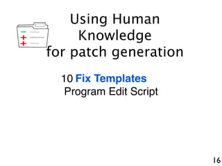 16
+
-
+
Fix Templates
Program Edit Script
Using Human
Knowledge
for patch generation
10
 