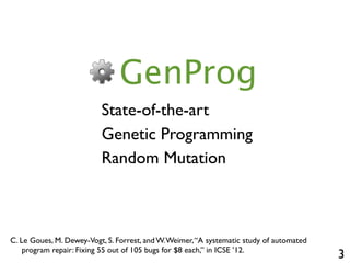 3
GenProg
State-of-the-art
Genetic Programming
Random Mutation
C. Le Goues, M. Dewey-Vogt, S. Forrest, and W.Weimer,“A systematic study of automated
program repair: Fixing 55 out of 105 bugs for $8 each,” in ICSE ’12.
 