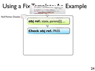 +
-
+Null Pointer Checker
Using a Fix Template:An Example
24
obj ref.: state, parens[i], ...
Check obj ref.: PASS
1500 num = state.parenCount;
1501 int kidMatch = matchRENodes(state, (RENode)ren.kid,
1502 stop, index);
1503 if (kidMatch != 1) return kidMatch;
1504 for (int i = num; i < state.parenCount; i++)
1505 state.parens[i].length = 0;
1506 state.parenCount = num;
 