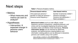 Next steps
• Metrics
• What measures and
metrics we want to
analyze?
• Hypotheses
• Intervention →
expected change in
persona users’
behavior
Persona-based metrics User-based metrics
Time spent per persona =
Number of visits per persona =
Persona revisit frequency =
Number of personas visited =
Persona coverage =
Persona visit distribution =
Rank correlation =
Table 1: Persona Analytics metrics.
Behavioral matters such as order effects, revisit
frequency, persona comparisons, satisficing behavior, and
choice can be investigated deploying the persona state-
transition matrix and Markov Chain techniques. Persona
information design can be informed by dwell time
analyses, and typical persona viewing patterns and
information viewing patterns can be deduced in interactive
persona user studies using a live system.
Jung, S., Salminen, J., & Jansen, B. J. (2021). Persona Analytics:
Implementing Mouse-tracking for an Interactive Persona System. Extended
Abstracts of ACM Human Factors in Computing Systems - CHI EA ’21.
 