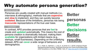 Why automate persona generation?
Personas are usually created with manual methods (i.e.,
interviews & ethnography), methods that are expensive
and slow to implement, and they can quickly become
outdated. Because of the limitations, personas risk being
inaccurate representations of the true user base.
Better
personas
Better
decisions
Better
results.
In contrast, APG provides personas that are fast to
create and updated automatically. This means the cost of
persona creation is dramatically reduced, making them
available for organizations with limited means (e.g.,
startups, small businesses). Depending on the underlying
dataset, APG can cover a wide range of behaviors and
demographics.
Manual methods
Automation
An, J., Kwak, H., Salminen, J., Jung, S., & Jansen, B. J. (2018). Imaginary People
Representing Real Numbers: Generating Personas from Online Social Media Data.
ACM Transactions on the Web (TWEB), 12(4), 27. https://doi.org/10.1145/3265986
 