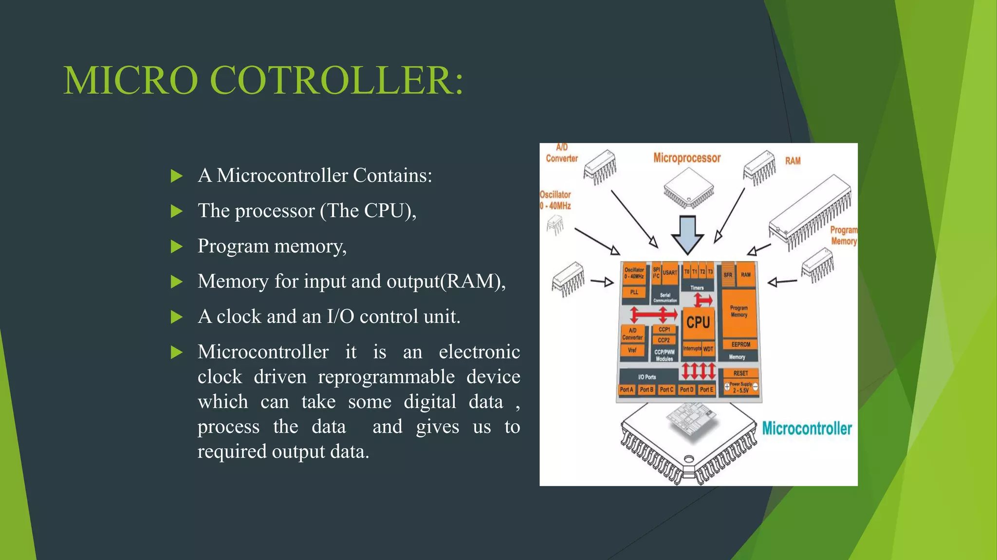 MICRO COTROLLER:
 A Microcontroller Contains:
 The processor (The CPU),
 Program memory,
 Memory for input and output(RAM),
 A clock and an I/O control unit.
 Microcontroller it is an electronic
clock driven reprogrammable device
which can take some digital data ,
process the data and gives us to
required output data.
 