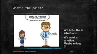 What’s the point?
We hate these
situations!
We want a
solution.
Maybe unique.

9/5/2015Prepared by: Abhishek Dey, Developer, Cloud Architect. 12
 