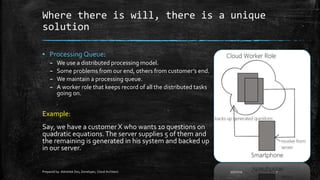 Where there is will, there is a unique
solution
▪ Processing Queue:
– We use a distributed processing model.
– Some problems from our end, others from customer’s end.
– We maintain a processing queue.
– A worker role that keeps record of all the distributed tasks
going on.
Example:
Say, we have a customer X who wants 10 questions on
quadratic equations.The server supplies 5 of them and
the remaining is generated in his system and backed up
in our server.
9/5/2015Prepared by: Abhishek Dey, Developer, Cloud Architect. 7
 