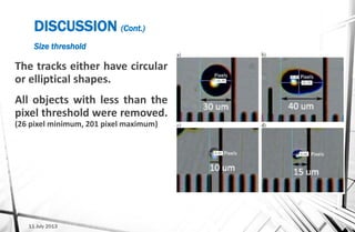 DISCUSSION (Cont.)
Size threshold
The tracks either have circular
or elliptical shapes.
All objects with less than the
pixel threshold were removed.
(26 pixel minimum, 201 pixel maximum)
11 July 2013
 