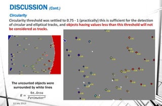 DISCUSSION (Cont.)
Circularity
Circularity threshold was settled to 0.75 - 1 (practically) this is sufficient for the detection
of circular and elliptical tracks, and objects having values less than this threshold will not
be considered as tracks.
11 July 2013
The uncounted objects were
surrounded by white lines
𝑅 =
4𝜋. 𝐴𝑟𝑒𝑎
𝑃𝑒𝑟𝑖𝑚𝑒𝑡𝑒𝑟2
 