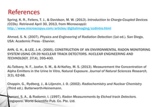 References
Spring, K. R., Fellers, T. J., & Davidson, M. W. (2013). Introduction to Charge-Coupled Devices
(CCDs). Retrieved April 30, 2013, from MicroscopyU:
http://www.microscopyu.com/articles/digitalimaging/ccdintro.html
Ahmed, S. N. (2007). Physics and Engineering of Radiation Detection (1st ed.). San Diego,
USA: Academic Press - Elsevier.
AHN, G. H., & LEE, J.-K. (2005). CONSTRUCTION OF AN ENVIRONMENTAL RADON MONITORING
SYSTEM USING CR-39 NUCLEAR TRACK DETECTORS. NUCLEAR ENGINEERING AND
TECHNOLOGY, 37(4), 395-400.
AL-Talbany, N. F., Jaafar, S. M., & Al-Nafiey, M. S. (2013). Measurement the Concentration of
Alpha Emitters in the Urine In Vitro, Natural Exposure. Journal of Natural Sciences Research,
3(3), 62-68.
Choppin, G., Rydberg, J., & Liljenzin, J. O. (2002). Radiochemistry and Nuclear Chemistry
(Third ed.). Butterworth-Heinemann.
Durrani, S. A., & Radomir, I. (1997). Radon Measurements by Etched track Detectors.
Singapore: World Scientific Pub. Co. Pte. Ltd.
 
