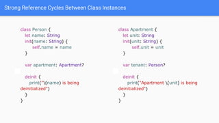 Strong Reference Cycles Between Class Instances
class Person {
let name: String
init(name: String) {
self.name = name
}
var apartment: Apartment?
deinit {
print("(name) is being
deinitialized")
}
}
class Apartment {
let unit: String
init(unit: String) {
self.unit = unit
}
var tenant: Person?
deinit {
print("Apartment (unit) is being
deinitialized")
}
}
 