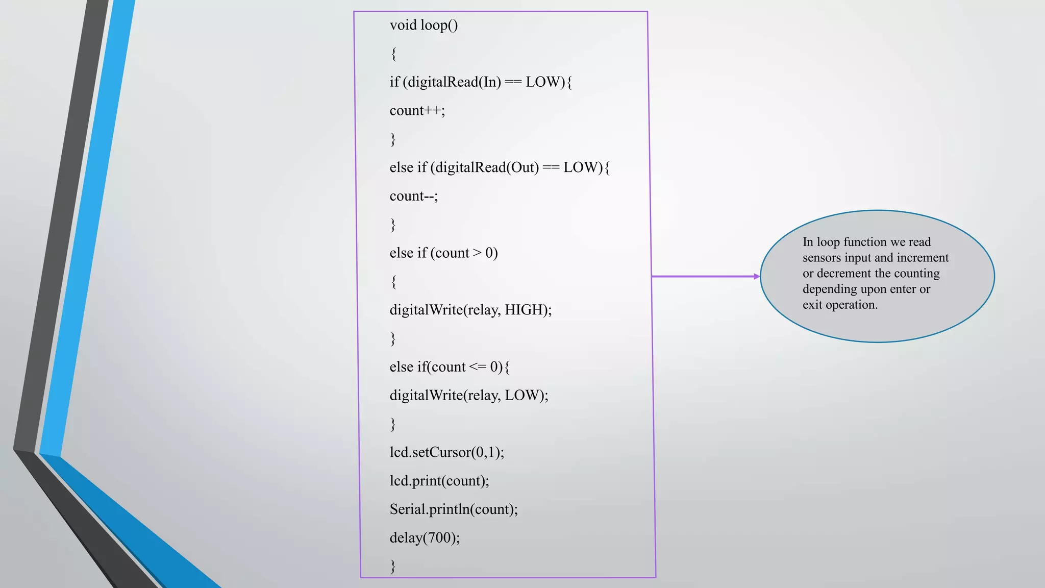 void loop()
{
if (digitalRead(In) == LOW){
count++;
}
else if (digitalRead(Out) == LOW){
count--;
}
else if (count > 0)
{
digitalWrite(relay, HIGH);
}
else if(count <= 0){
digitalWrite(relay, LOW);
}
lcd.setCursor(0,1);
lcd.print(count);
Serial.println(count);
delay(700);
}
In loop function we read
sensors input and increment
or decrement the counting
depending upon enter or
exit operation.
 