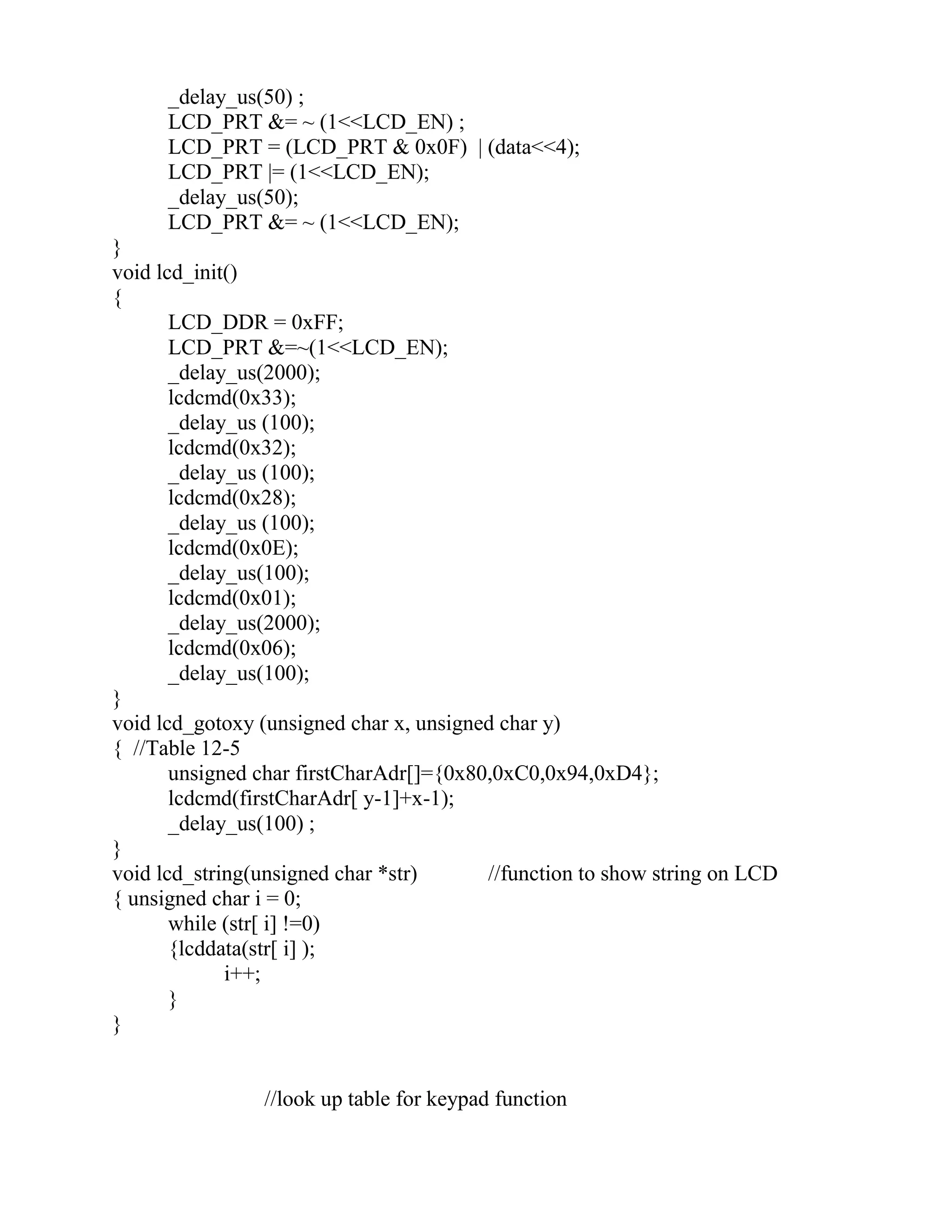 _delay_us(50) ;
LCD_PRT &= ~ (1<<LCD_EN) ;
LCD_PRT = (LCD_PRT & 0x0F) | (data<<4);
LCD_PRT |= (1<<LCD_EN);
_delay_us(50);
LCD_PRT &= ~ (1<<LCD_EN);
}
void lcd_init()
{
LCD_DDR = 0xFF;
LCD_PRT &=~(1<<LCD_EN);
_delay_us(2000);
lcdcmd(0x33);
_delay_us (100);
lcdcmd(0x32);
_delay_us (100);
lcdcmd(0x28);
_delay_us (100);
lcdcmd(0x0E);
_delay_us(100);
lcdcmd(0x01);
_delay_us(2000);
lcdcmd(0x06);
_delay_us(100);
}
void lcd_gotoxy (unsigned char x, unsigned char y)
{ //Table 12-5
unsigned char firstCharAdr[]={0x80,0xC0,0x94,0xD4};
lcdcmd(firstCharAdr[ y-1]+x-1);
_delay_us(100) ;
}
void lcd_string(unsigned char *str) //function to show string on LCD
{ unsigned char i = 0;
while (str[ i] !=0)
{lcddata(str[ i] );
i++;
}
}
//look up table for keypad function
 