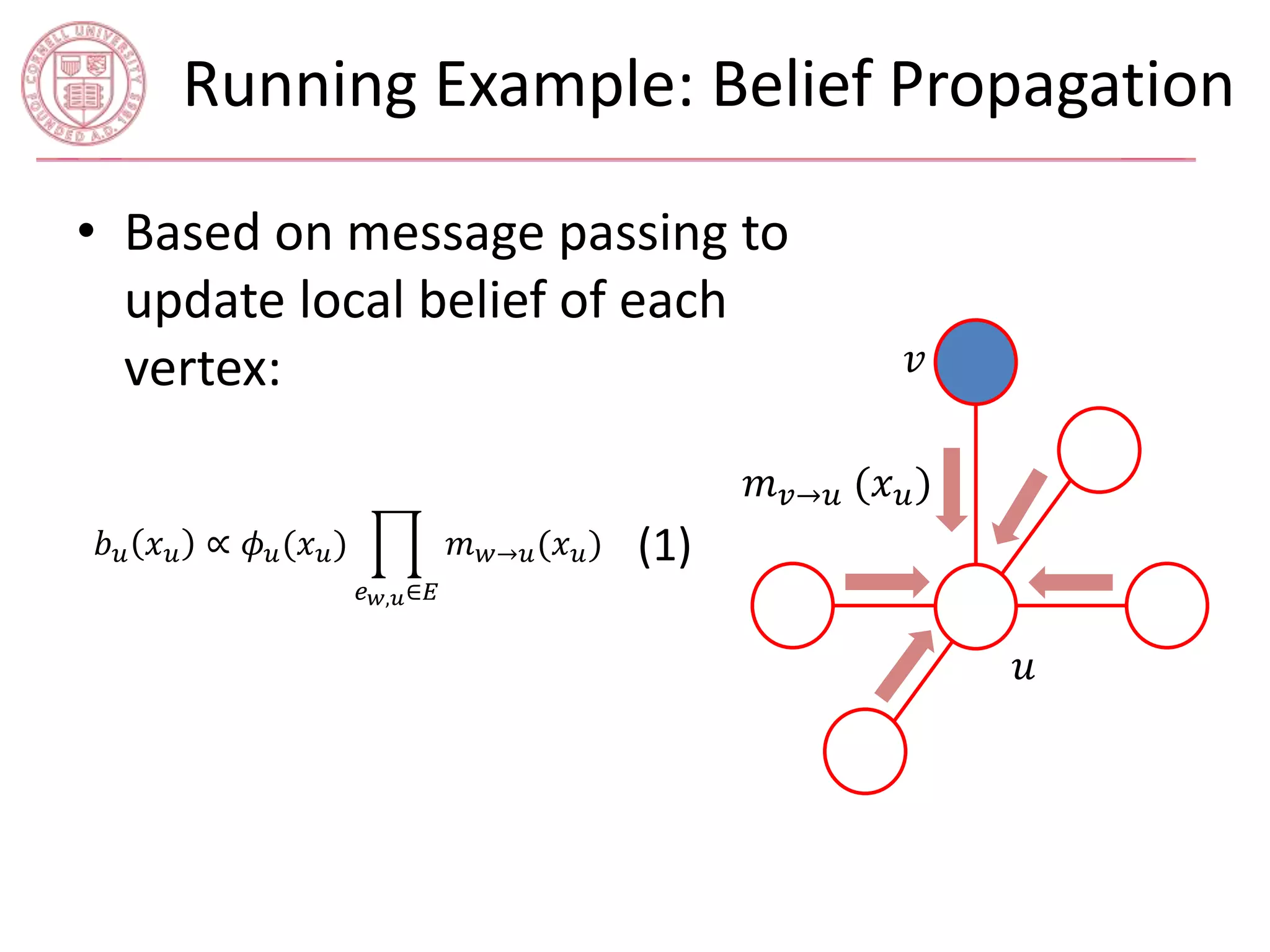 Running Example: Belief Propagation 
• Based on message passing to 
update local belief of each 
vertex: 푣 
푚푣→푢 (푥푢) 
푢 
푏푢 푥푢 ∝ 휙푢(푥푢) 
푒푤,푢∈퐸 
푚푤→푢(푥푢) (1) 
 