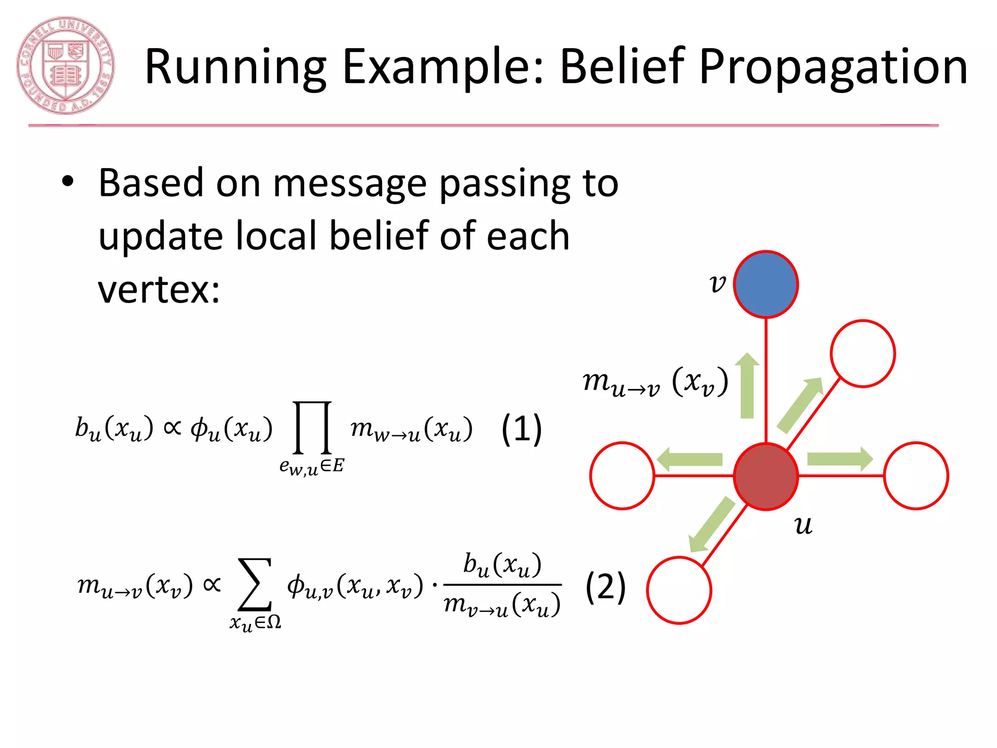 Running Example: Belief Propagation 
• Based on message passing to 
update local belief of each 
vertex: 푣 
푚푢→푣 (푥푣 ) 
푢 
푏푢 푥푢 ∝ 휙푢(푥푢) 
푒푤,푢∈퐸 
푚푤→푢(푥푢) 
푚푢→푣(푥푣) ∝ 
푥푢∈Ω 
휙푢,푣(푥푢, 푥푣) ∙ 
(1) 
푏푢(푥푢) 
푚푣→푢(푥푢) 
(2) 
 