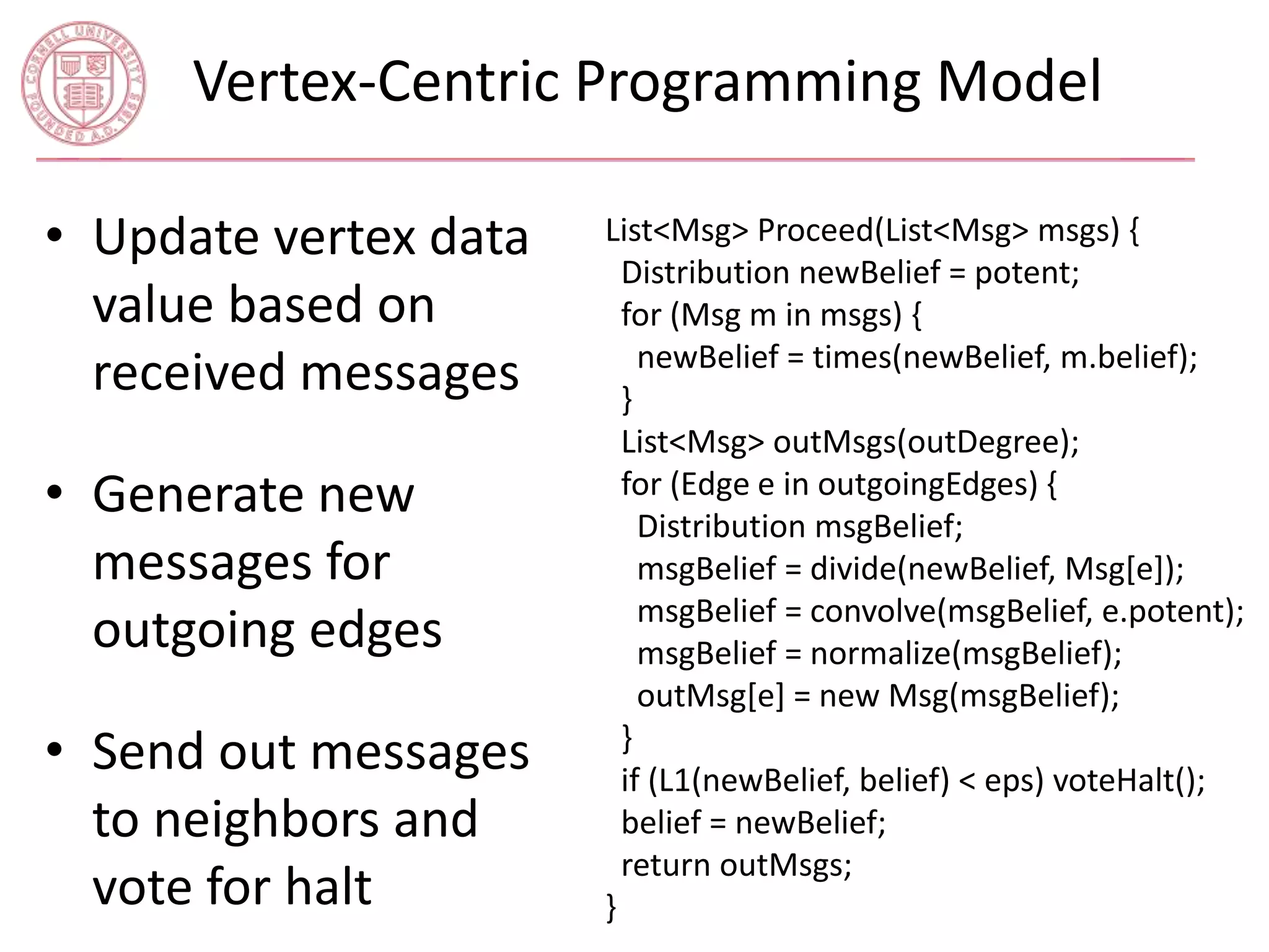 Vertex-Centric Programming Model 
• Update vertex data 
value based on 
received messages 
• Generate new 
messages for 
outgoing edges 
• Send out messages 
to neighbors and 
vote for halt 
List<Msg> Proceed(List<Msg> msgs) { 
Distribution newBelief = potent; 
for (Msg m in msgs) { 
newBelief = times(newBelief, m.belief); 
} 
List<Msg> outMsgs(outDegree); 
for (Edge e in outgoingEdges) { 
Distribution msgBelief; 
msgBelief = divide(newBelief, Msg[e]); 
msgBelief = convolve(msgBelief, e.potent); 
msgBelief = normalize(msgBelief); 
outMsg[e] = new Msg(msgBelief); 
} 
if (L1(newBelief, belief) < eps) voteHalt(); 
belief = newBelief; 
return outMsgs; 
} 
 
