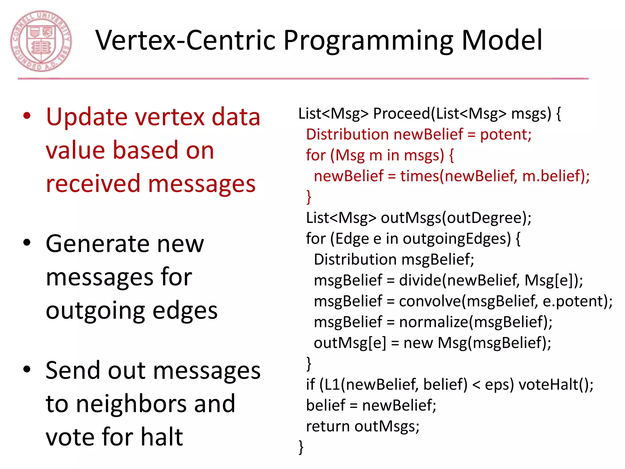 Vertex-Centric Programming Model 
• Update vertex data 
value based on 
received messages 
• Generate new 
messages for 
outgoing edges 
• Send out messages 
to neighbors and 
vote for halt 
List<Msg> Proceed(List<Msg> msgs) { 
Distribution newBelief = potent; 
for (Msg m in msgs) { 
newBelief = times(newBelief, m.belief); 
} 
List<Msg> outMsgs(outDegree); 
for (Edge e in outgoingEdges) { 
Distribution msgBelief; 
msgBelief = divide(newBelief, Msg[e]); 
msgBelief = convolve(msgBelief, e.potent); 
msgBelief = normalize(msgBelief); 
outMsg[e] = new Msg(msgBelief); 
} 
if (L1(newBelief, belief) < eps) voteHalt(); 
belief = newBelief; 
return outMsgs; 
} 
 