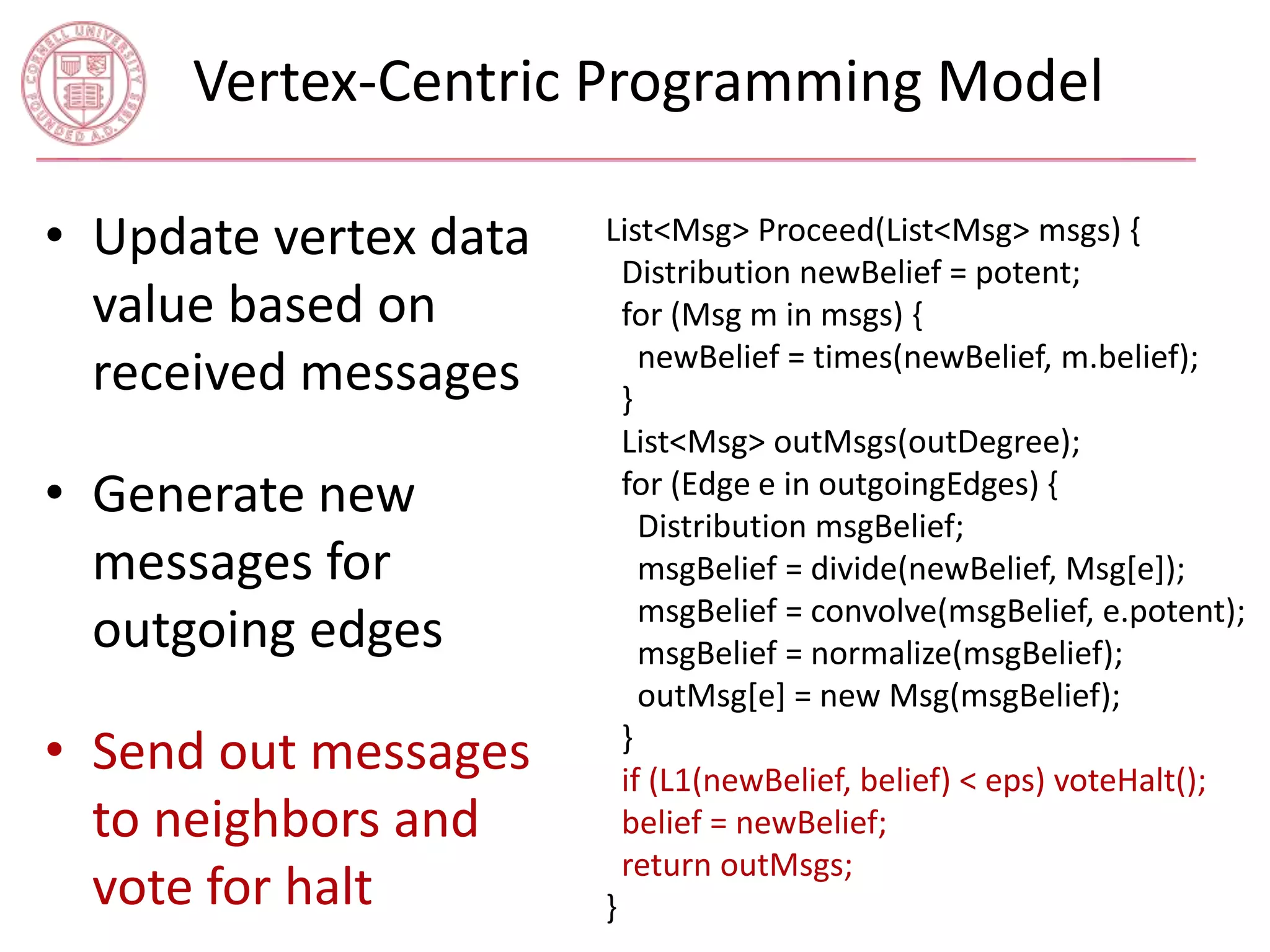 Vertex-Centric Programming Model 
• Update vertex data 
value based on 
received messages 
• Generate new 
messages for 
outgoing edges 
• Send out messages 
to neighbors and 
vote for halt 
List<Msg> Proceed(List<Msg> msgs) { 
Distribution newBelief = potent; 
for (Msg m in msgs) { 
newBelief = times(newBelief, m.belief); 
} 
List<Msg> outMsgs(outDegree); 
for (Edge e in outgoingEdges) { 
Distribution msgBelief; 
msgBelief = divide(newBelief, Msg[e]); 
msgBelief = convolve(msgBelief, e.potent); 
msgBelief = normalize(msgBelief); 
outMsg[e] = new Msg(msgBelief); 
} 
if (L1(newBelief, belief) < eps) voteHalt(); 
belief = newBelief; 
return outMsgs; 
} 
 