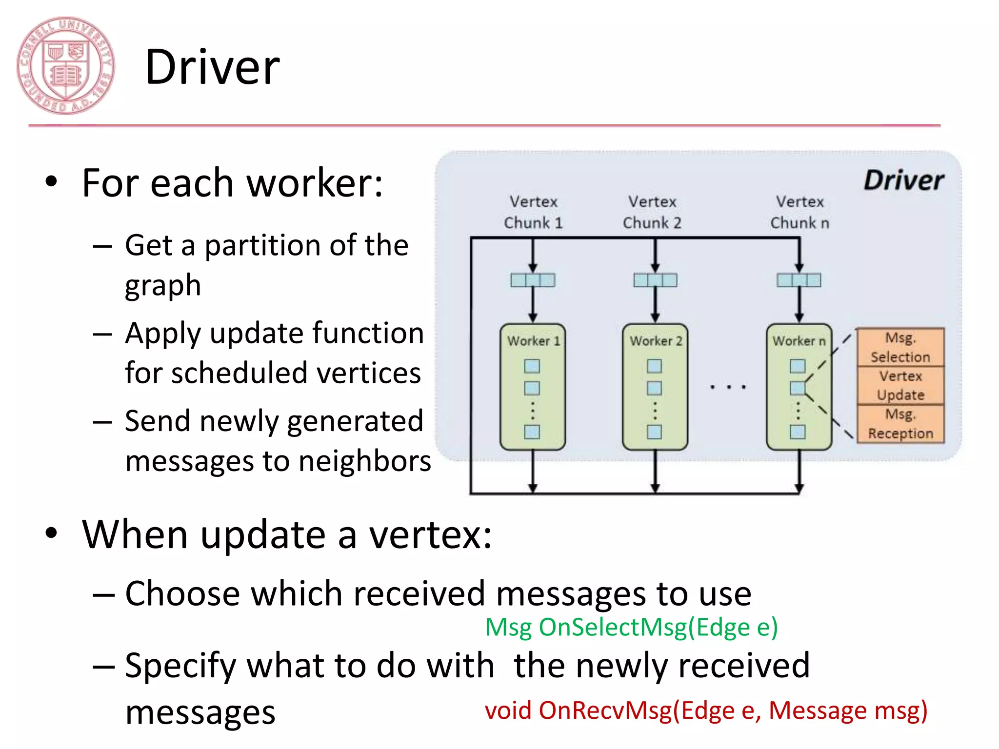 Driver 
• For each worker: 
– Get a partition of the 
graph 
– Apply update function 
for scheduled vertices 
– Send newly generated 
messages to neighbors 
• When update a vertex: 
– Choose which received messages to use 
Msg OnSelectMsg(Edge e) 
– Specify what to do with the newly received 
messages 
void OnRecvMsg(Edge e, Message msg) 
 