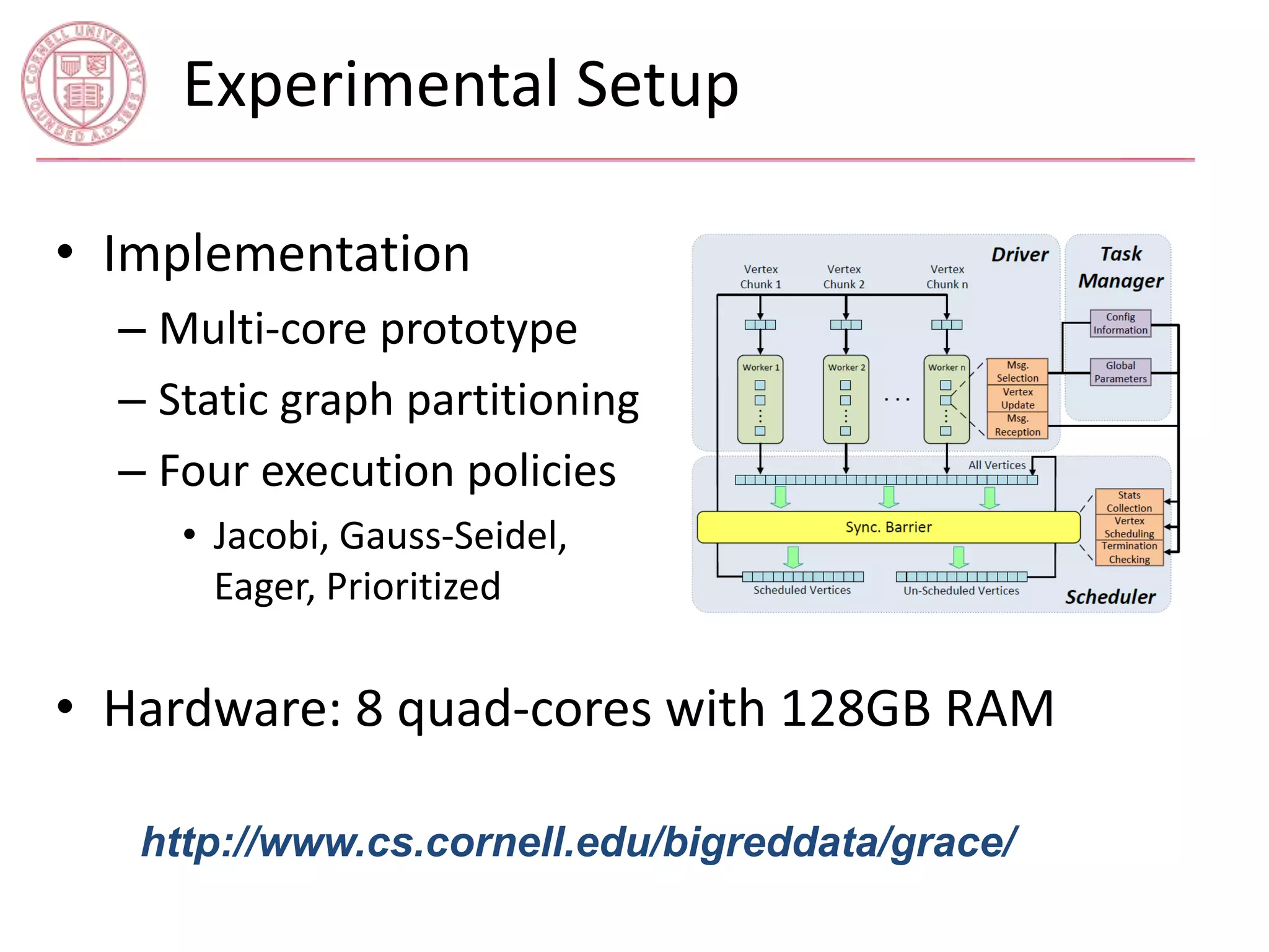 Experimental Setup 
• Implementation 
– Multi-core prototype 
– Static graph partitioning 
– Four execution policies 
• Jacobi, Gauss-Seidel, 
Eager, Prioritized 
• Hardware: 8 quad-cores with 128GB RAM 
http://www.cs.cornell.edu/bigreddata/grace/ 
 