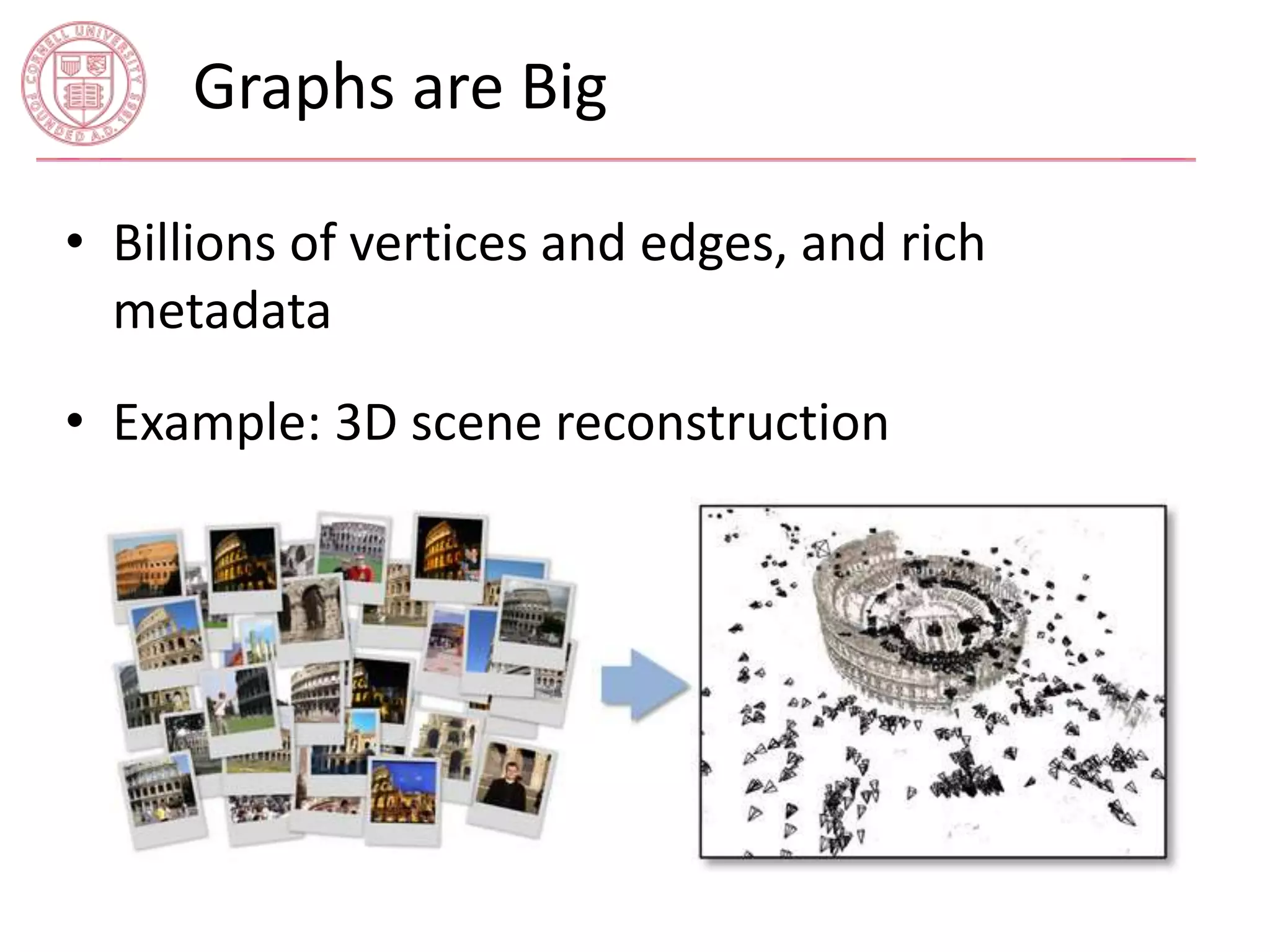 Graphs are Big 
• Billions of vertices and edges, and rich 
metadata 
• Example: 3D scene reconstruction 
 