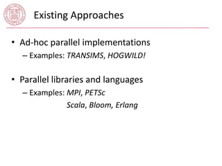 Existing Approaches 
• Ad-hoc parallel implementations 
– Examples: TRANSIMS, HOGWILD! 
• Parallel libraries and languages 
– Examples: MPI, PETSc 
– Examples: Scala, Bloom, Erlang 
 