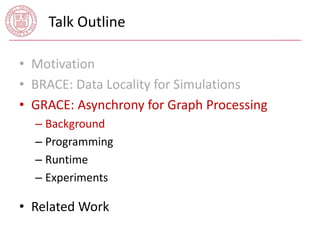 Talk Outline 
• Motivation 
• BRACE: Data Locality for Simulations 
• GRACE: Asynchrony for Graph Processing 
– Background 
– Programming 
– Runtime 
– Experiments 
• Related Work 
 