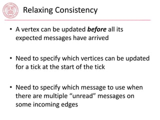 Relaxing Consistency 
• A vertex can be updated before all its 
expected messages have arrived 
• Need to specify which vertices can be updated 
for a tick at the start of the tick 
• Need to specify which message to use when 
there are multiple “unread” messages on 
some incoming edges 
 