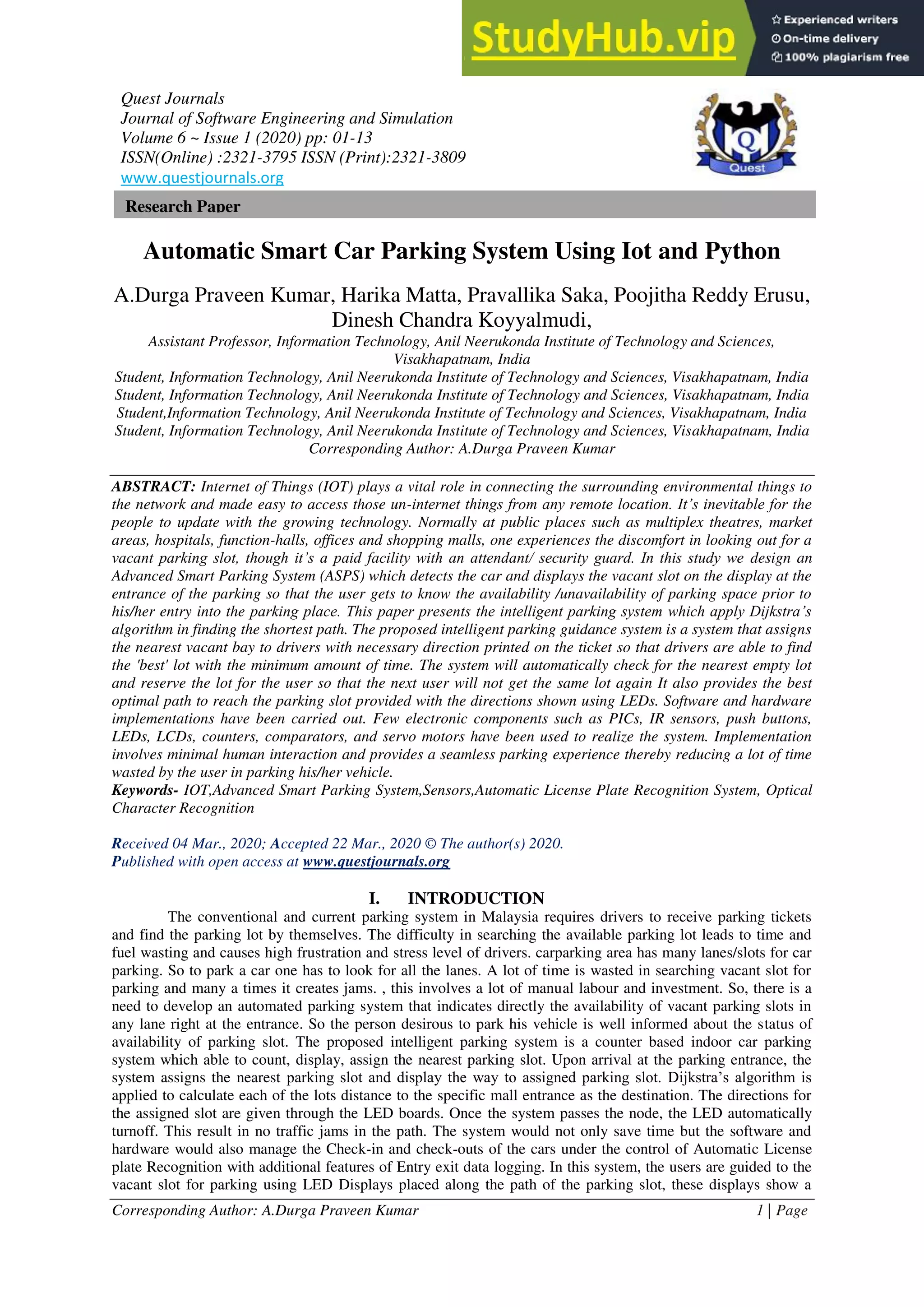 Automatic Smart Car Parking System Using Iot And Python | PDF