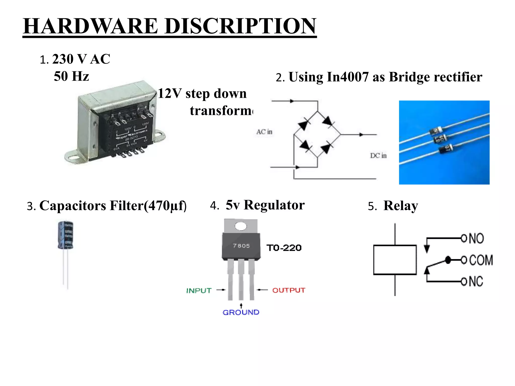 HARDWARE DISCRIPTION
1. 230 V AC
50 Hz
12V step down
transformer
2. Using In4007 as Bridge rectifier
3. Capacitors Filter(470µf) 4. 5v Regulator 5. Relay
 