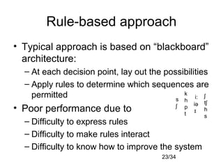 23/34
Rule-based approach
• Typical approach is based on “blackboard”
architecture:
– At each decision point, lay out the possibilities
– Apply rules to determine which sequences are
permitted
• Poor performance due to
– Difficulty to express rules
– Difficulty to make rules interact
– Difficulty to know how to improve the system
s
ʃ
k
h
p
t
i:
iə
ɪ
ʃ
tʃ
h
s
 