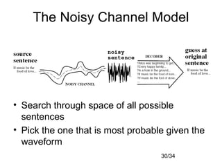 30/34
The Noisy Channel Model
• Search through space of all possible
sentences
• Pick the one that is most probable given the
waveform
 