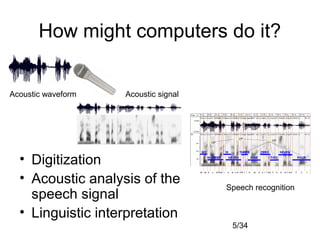 5/34
How might computers do it?
• Digitization
• Acoustic analysis of the
speech signal
• Linguistic interpretation
Acoustic waveform Acoustic signal
Speech recognition
 