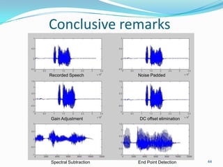44
Conclusive remarks
Recorded Speech Noise Padded
Gain Adjustment DC offset elimination
Spectral Subtraction End Point Detection
 
