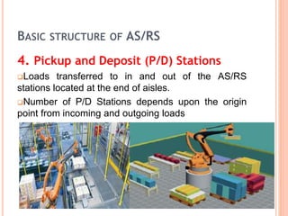 BASIC STRUCTURE OF AS/RS
4. Pickup and Deposit (P/D) Stations
Loads transferred to in and out of the AS/RS
stations located at the end of aisles.
Number of P/D Stations depends upon the origin
point from incoming and outgoing loads
 