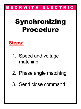 B E C K W I T H E L E C T R I C
Synchronizing
Procedure
Steps:
1. Speed and voltage
matching
2. Phase angle matching
3. Send close command
 