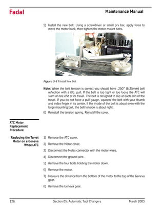 126 Section 05: Automatic Tool Changers March 2003
Fadal Maintenance Manual
5) Install the new belt. Using a screwdriver or small pry bar, apply force to
move the motor back, then tighten the motor mount bolts.
Figure 5-11 Install New Belt
Note: When the belt tension is correct you should have .250” (6.35mm) belt
reflection with a 6lb. pull. If the belt is too tight or too loose the ATC will
slam at one end of its travel. The belt is designed to slip at each end of the
travel. If you do not have a pull gauge, squeeze the belt with your thumb
and index finger in its center. If the inside of the belt is about even with the
large mounting bolt, the belt tension is about right.
6) Reinstall the tension spring. Reinstall the cover.
ATC Motor
Replacement
Procedure
Replacing the Turret
Motor on a Geneva
Wheel ATC
1) Remove the ATC cover.
2) Remove the Motor cover.
3) Disconnect the Molex connector with the motor wires.
4) Disconnect the ground wire.
5) Remove the four bolts holding the motor down.
6) Remove the motor.
7) Measure the distance from the bottom of the motor to the top of the Geneva
gear.
8) Remove the Geneva gear.
 