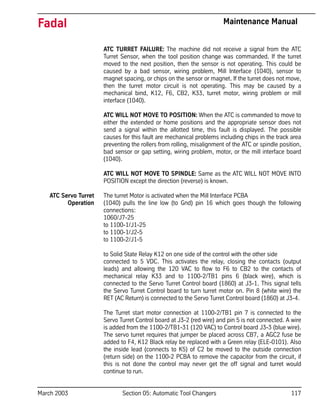 March 2003 Section 05: Automatic Tool Changers 117
Fadal Maintenance Manual
ATC TURRET FAILURE: The machine did not receive a signal from the ATC
Turret Sensor, when the tool position change was commanded. If the turret
moved to the next position, then the sensor is not operating. This could be
caused by a bad sensor, wiring problem, Mill Interface (1040), sensor to
magnet spacing, or chips on the sensor or magnet. If the turret does not move,
then the turret motor circuit is not operating. This may be caused by a
mechanical bind, K12, F6, CB2, K33, turret motor, wiring problem or mill
interface (1040).
ATC WILL NOT MOVE TO POSITION: When the ATC is commanded to move to
either the extended or home positions and the appropriate sensor does not
send a signal within the allotted time, this fault is displayed. The possible
causes for this fault are mechanical problems including chips in the track area
preventing the rollers from rolling, misalignment of the ATC or spindle position,
bad sensor or gap setting, wiring problem, motor, or the mill interface board
(1040).
ATC WILL NOT MOVE TO SPINDLE: Same as the ATC WILL NOT MOVE INTO
POSITION except the direction (reverse) is known.
ATC Servo Turret
Operation
The turret Motor is activated when the Mill Interface PCBA
(1040) pulls the line low (to Gnd) pin 16 which goes though the following
connections:
1060/J7-25
to 1100-1/J1-25
to 1100-1/J2-5
to 1100-2/J1-5
to Solid State Relay K12 on one side of the control with the other side
connected to 5 VDC. This activates the relay, closing the contacts (output
leads) and allowing the 120 VAC to flow to F6 to CB2 to the contacts of
mechanical relay K33 and to 1100-2/TB1 pins 6 (black wire), which is
connected to the Servo Turret Control board (1860) at J3-1. This signal tells
the Servo Turret Control board to turn turret motor on. Pin 8 (white wire) the
RET (AC Return) is connected to the Servo Turret Control board (1860) at J3-4.
The Turret start motor connection at 1100-2/TB1 pin 7 is connected to the
Servo Turret Control board at J3-2 (red wire) and pin 5 is not connected. A wire
is added from the 1100-2/TB1-31 (120 VAC) to Control board J3-3 (blue wire).
The servo turret requires that jumper be placed across CB7, a AGC2 fuse be
added to F4, K12 Black relay be replaced with a Green relay (ELE-0101). Also
the inside lead (connects to K5) of C2 be moved to the outside connection
(return side) on the 1100-2 PCBA to remove the capacitor from the circuit, if
this is not done the control may never get the off signal and turret would
continue to run.
 