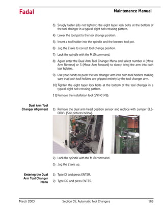 March 2003 Section 05: Automatic Tool Changers 169
Fadal Maintenance Manual
3) Snugly fasten (do not tighten!) the eight taper lock bolts at the bottom of
the tool changer in a typical eight bolt crossing pattern.
4) Lower the tool pot to the tool change position.
5) Insert a tool holder into the spindle and the lowered tool pot.
6) Jog the Z axis to correct tool change position.
7) Lock the spindle with the M19 command.
8) Again enter the Dual Arm Tool Changer Menu and select number 4 (Move
Arm Reverse) or 3 (Move Arm Forward) to slowly bring the arm into both
tool holders.
9) Use your hands to push the tool changer arm into both tool holders making
sure that both tool holders are gripped entirely by the tool changer arm.
10)Tighten the eight taper lock bolts at the bottom of the tool changer in a
typical eight bolt crossing pattern.
11)Remove the installation tool (SVT-0149).
Dual Arm Tool
Changer Alignment 1) Remove the dual arm head position sensor and replace with Jumper ELE-
0088. (See pictures below).
2) Lock the spindle with the M19 command.
3) Jog the Z axis up.
Entering the Dual
Arm Tool Changer
Menu
1) Type DI and press ENTER.
2) Type DD and press ENTER.
 